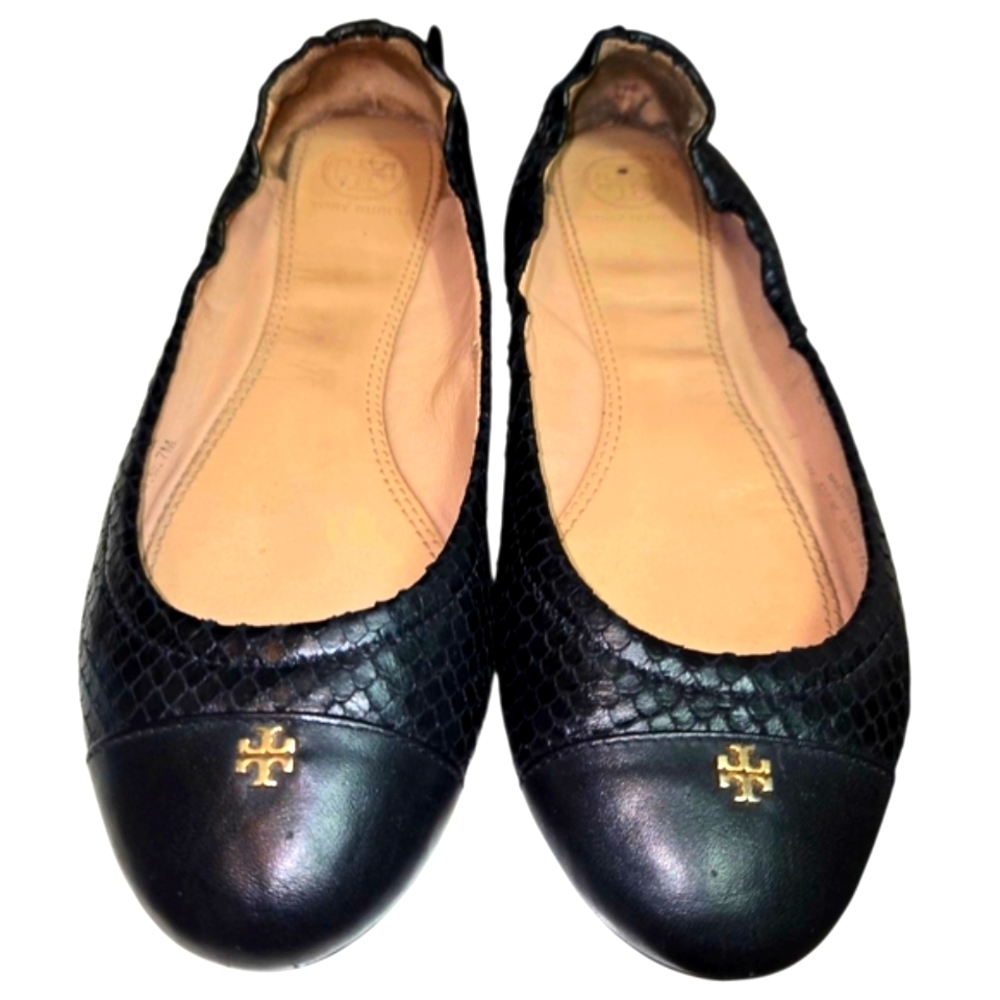 Tory Burch Black Leather Ballet Flats Size 7 Snake Embossed